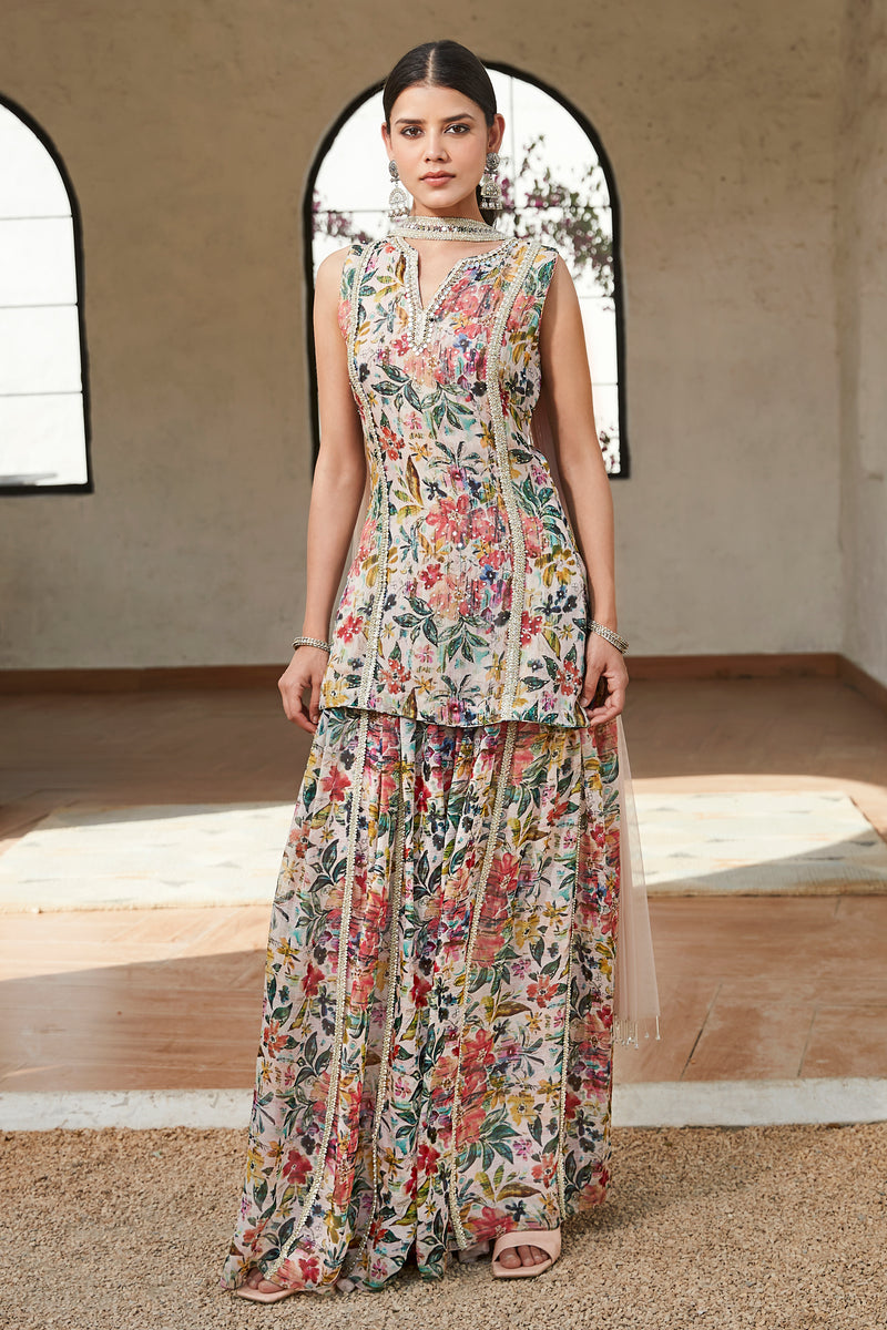 Peach Floral Sharara Set