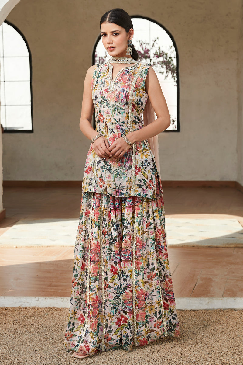 Peach Floral Sharara Set