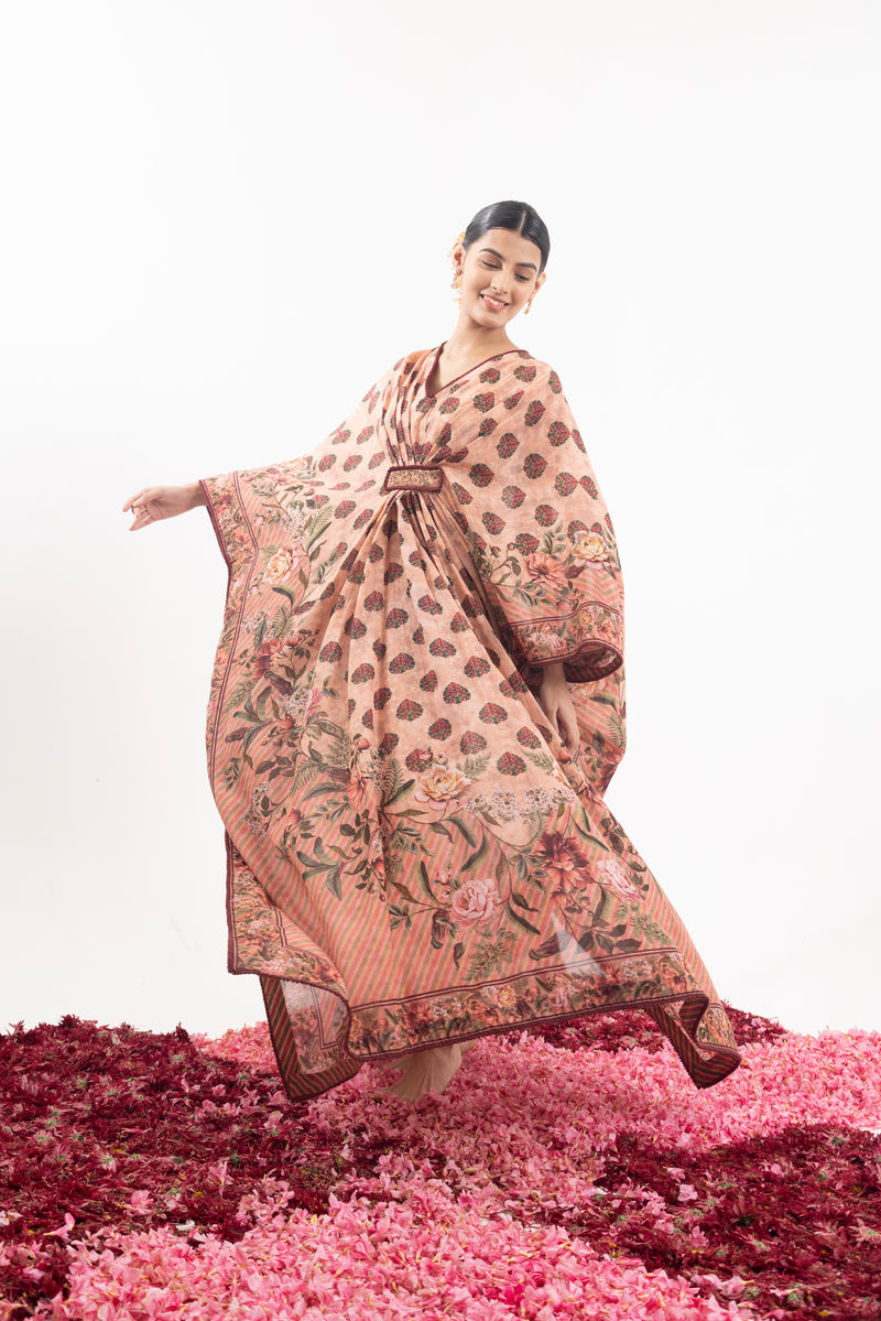 A Peach Printed Cotton Silk Kaftan