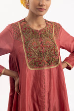 One-Piece Kalidaar Set In Dark Coral Cotton Silk