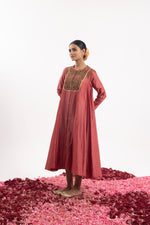 One-Piece Kalidaar Set In Dark Coral Cotton Silk