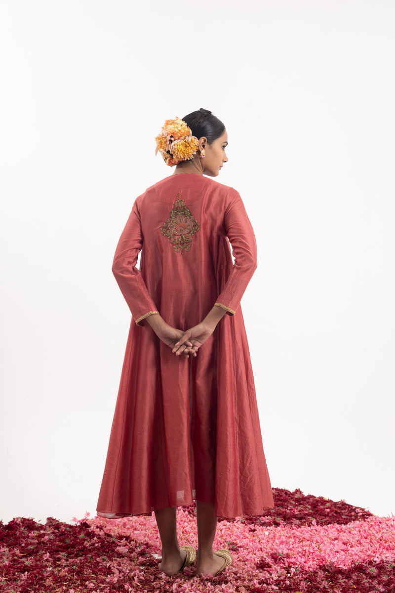 One-Piece Kalidaar Set In Dark Coral Cotton Silk