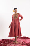 One-Piece Kalidaar Set In Dark Coral Cotton Silk