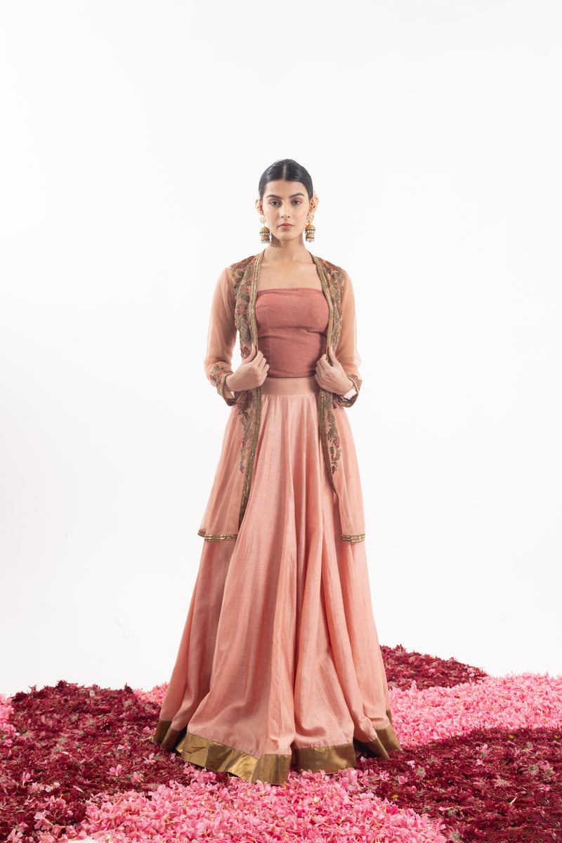 Long Skirt Paired With A Beautifully Embroidered Organza Jacket