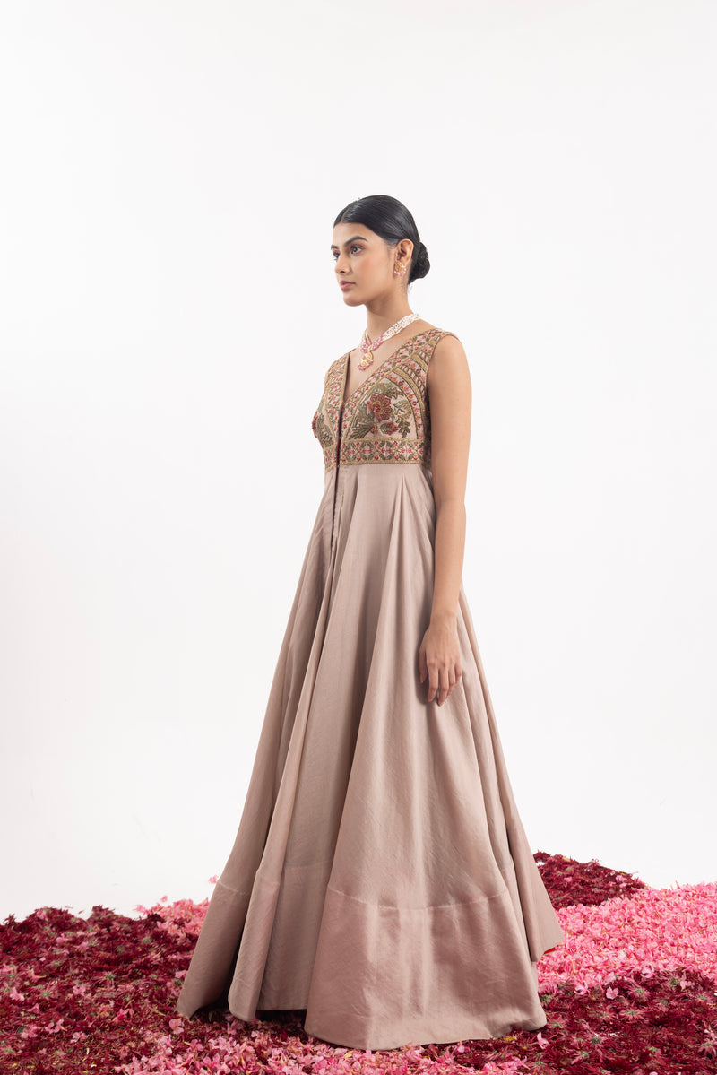 Front-Open Anarkali In Beige Cotton Silk