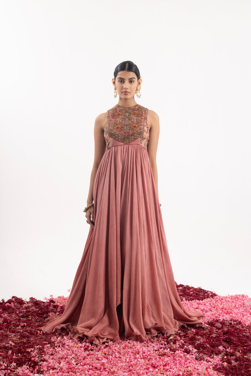 Elegant One-Piece Long Dress In Peach Cotton Silk