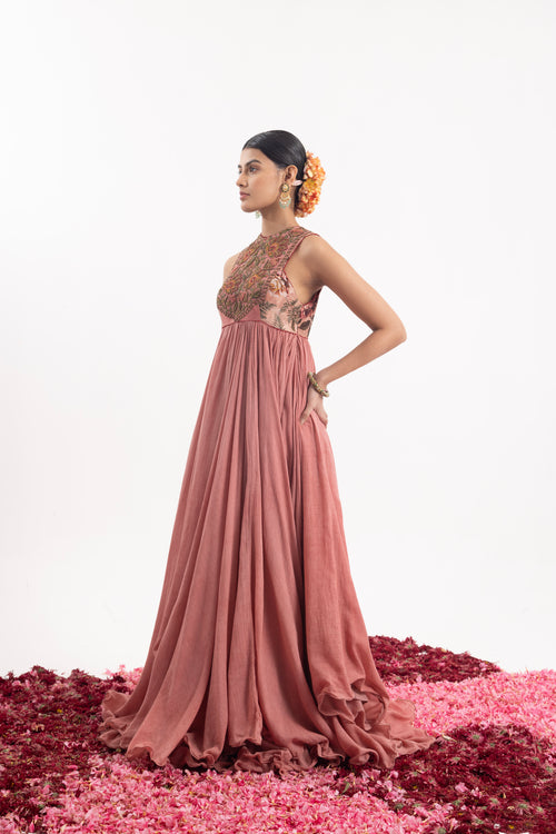 Elegant One-Piece Long Dress In Peach Cotton Silk