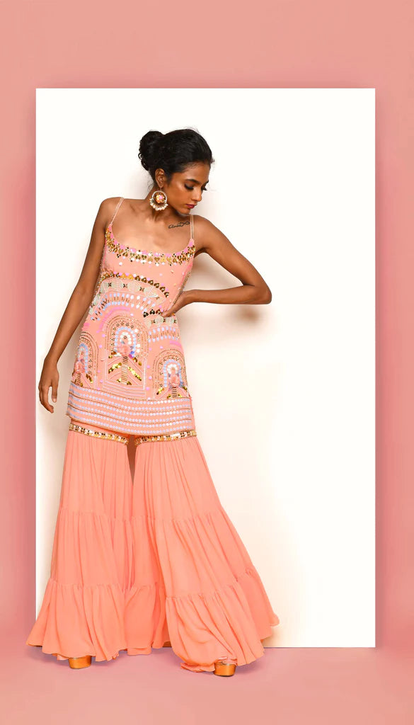 CAROLE - PEACH AND BLUSH EMBELLISHED SHARARA SET