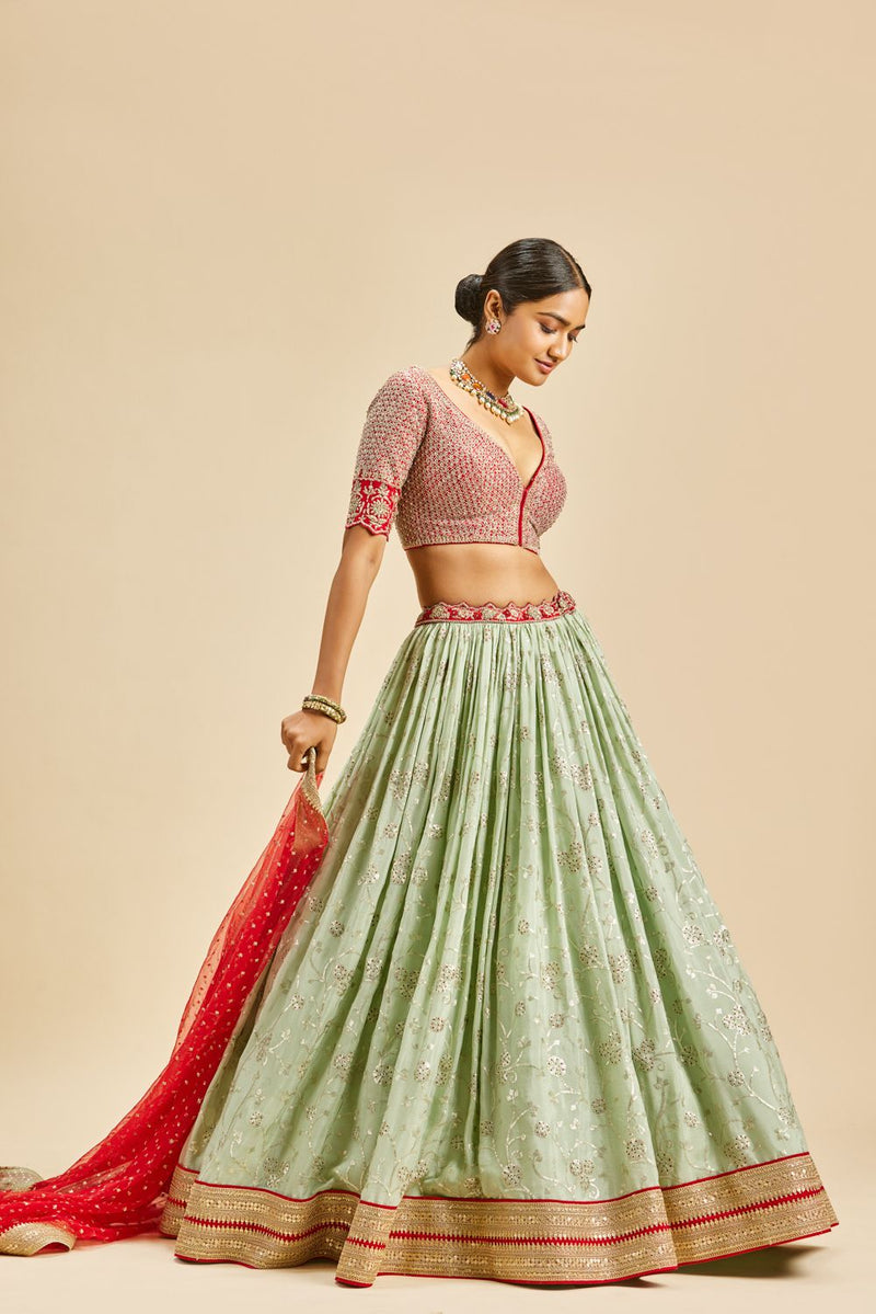 Amazing Red and green color wedding designer silk lehenga choli | Silk  lehenga, Designer lehenga choli, Lehenga choli online