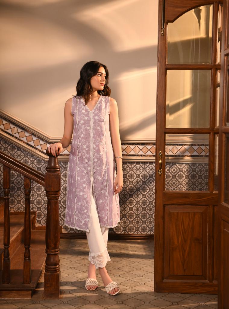 Ensi Kurta with Scallop Border Pants Lilac