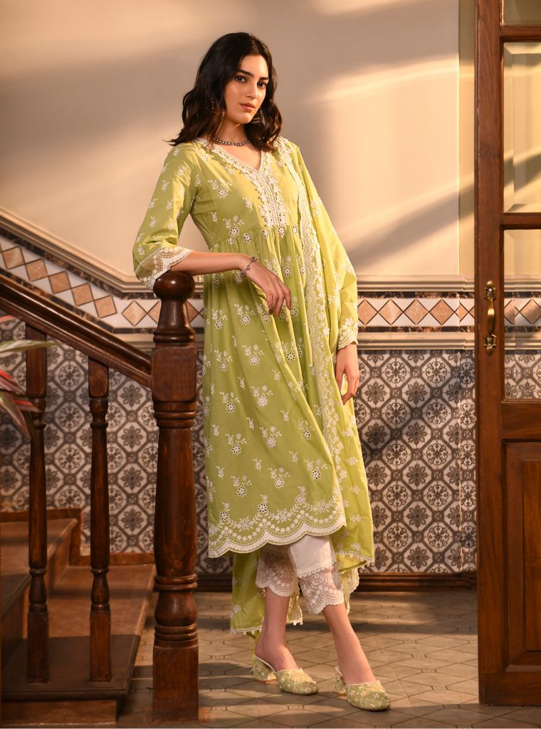 Afarin Anarkali Kurat with Organza Scallop Border White Pant Green Farrin Dupatta