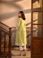 Afarin Anarkali Kurat with Organza Scallop Border White Pant Green