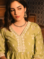 Afarin Anarkali Kurat with Organza Scallop Border White Pant Green