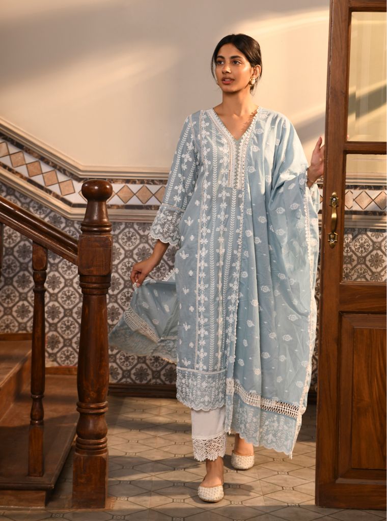 Arpina Kurta with Floral Chemical Lace Pants Blue Donya Dupatta