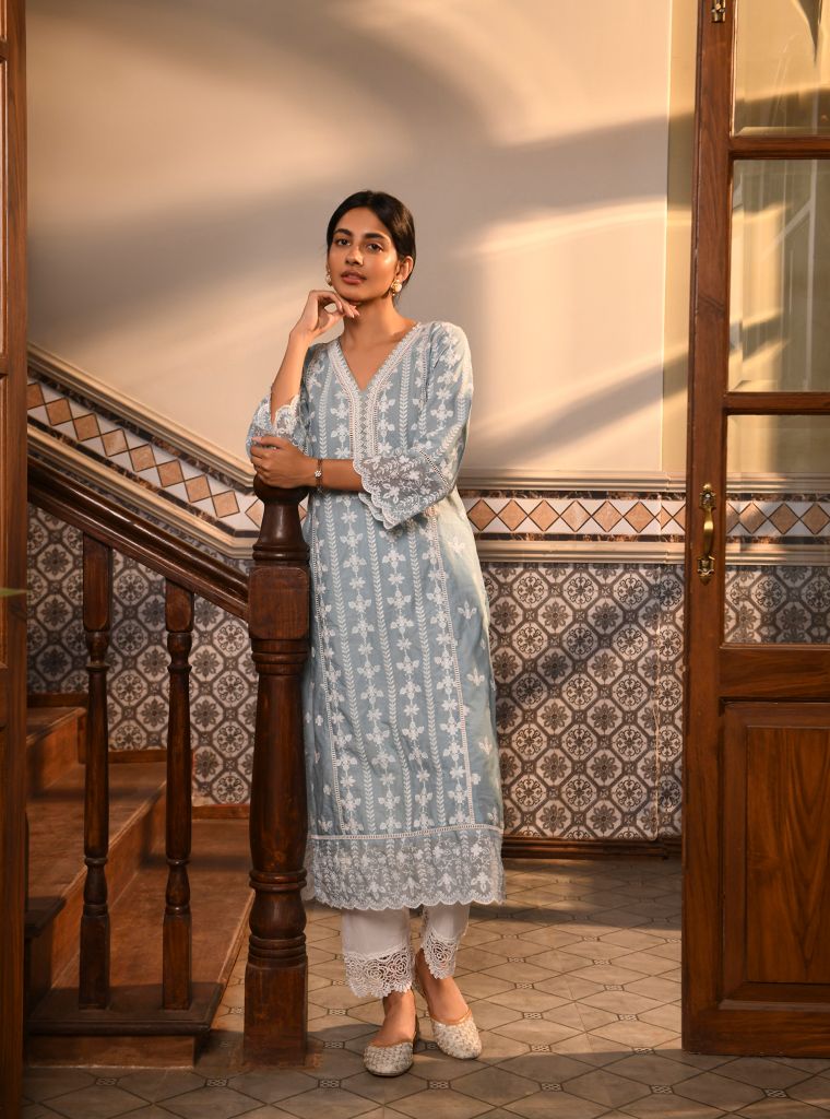 Arpina Kurta with Floral Chemical Lace Pants Blue