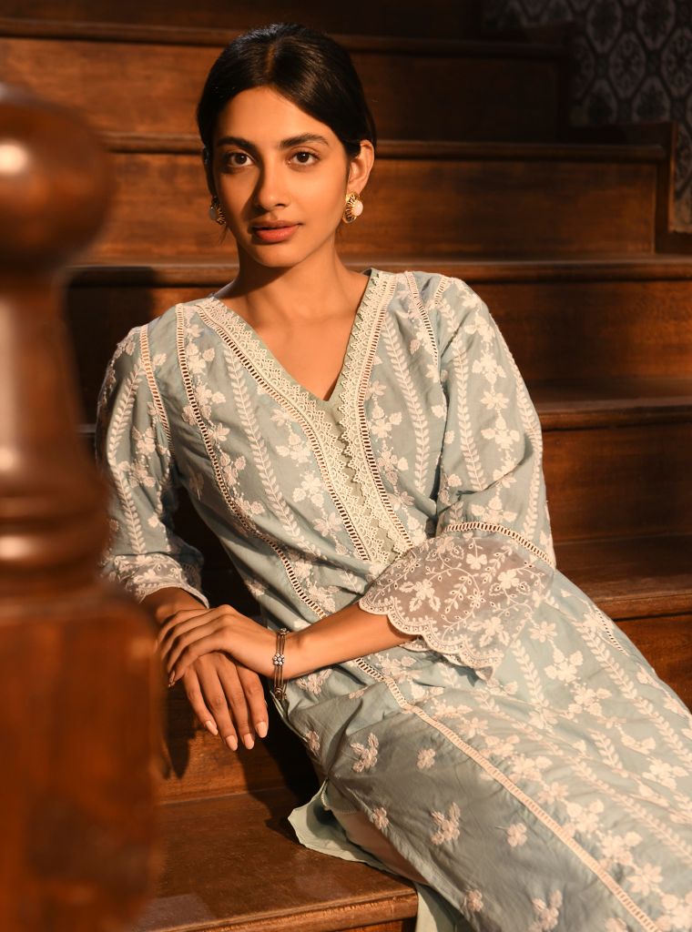 Arpina Kurta with Floral Chemical Lace Pants Blue