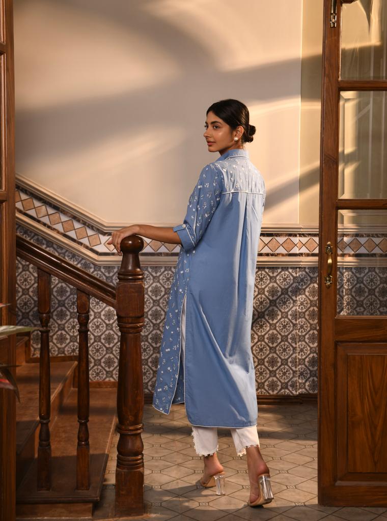 Mahin Kurta with High Side Slit Pants Denim