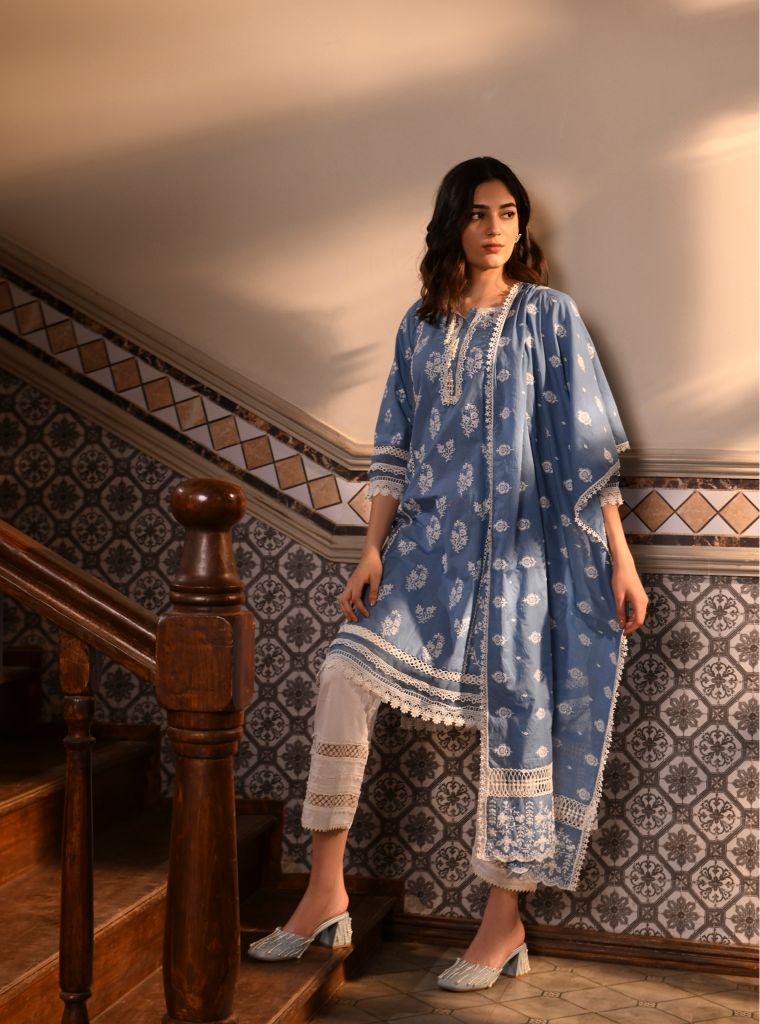 Darya Kurta With Floral Ladder Slim White Pant Denim Donya Dupatta