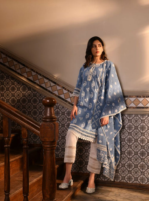 Darya Kurta With Floral Ladder Slim White Pant Denim Donya Dupatta