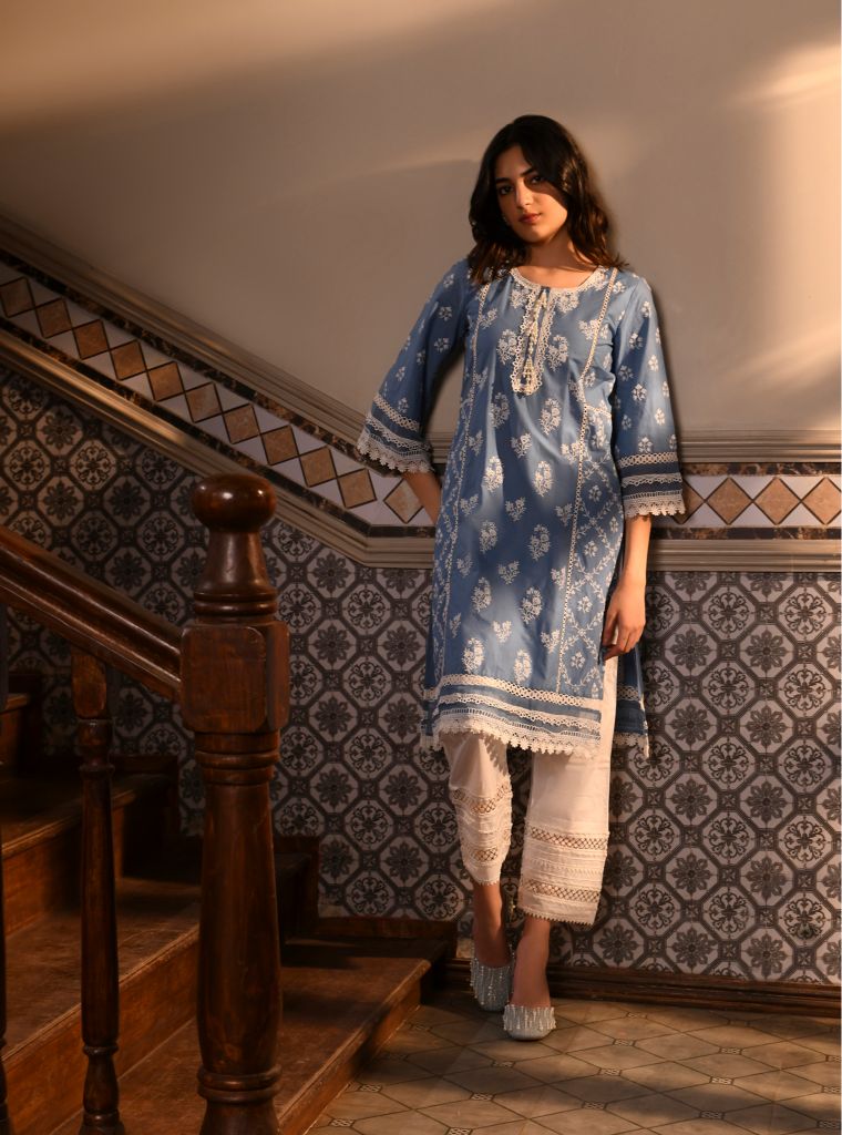 Darya Kurta With Floral Ladder Slim White Pant Denim