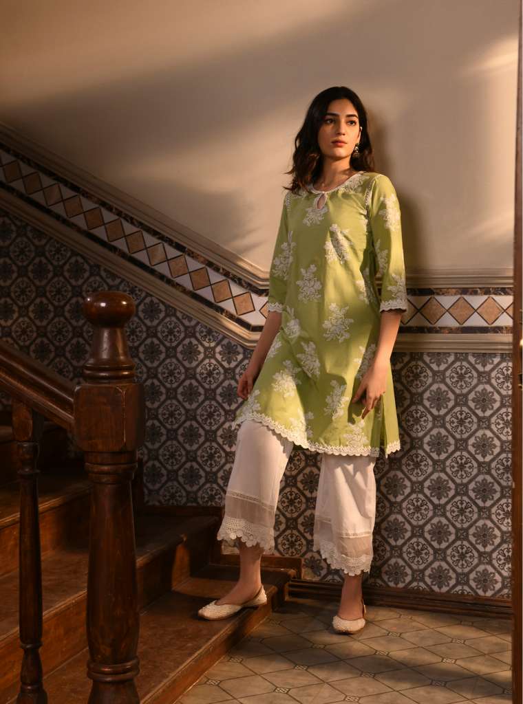 Ayda Kurta with Floral Lace Flared Pants Light Green