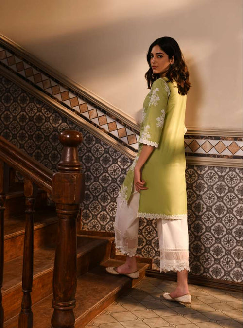 Ayda Kurta with Floral Lace Flared Pants Light Green
