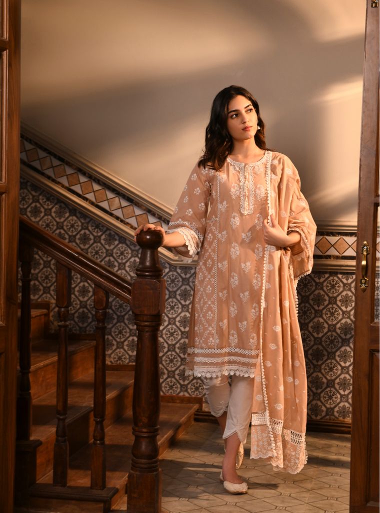 Darya Kurta with Inverted V Hem White Pant Beige Donya Dupatta