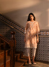 Darya Kurta with Inverted V Hem White Pant Beige