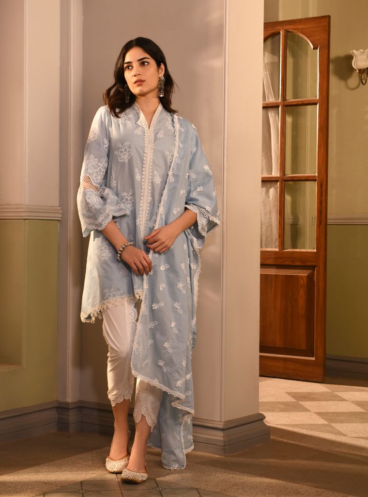 Azara Kurta with Border white Dhoti Pants Blue Kimia Dupatta