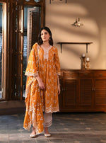 Afarin Anarkali Kurat with Round Hem Organza Panel Pants Orange Farrin Dupatta