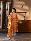 Afarin Anarkali Kurat with Round Hem Organza Panel Pants Orange Farrin Dupatta