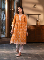 Afarin Anarkali Kurat with Round Hem Organza Panel Pants Orange