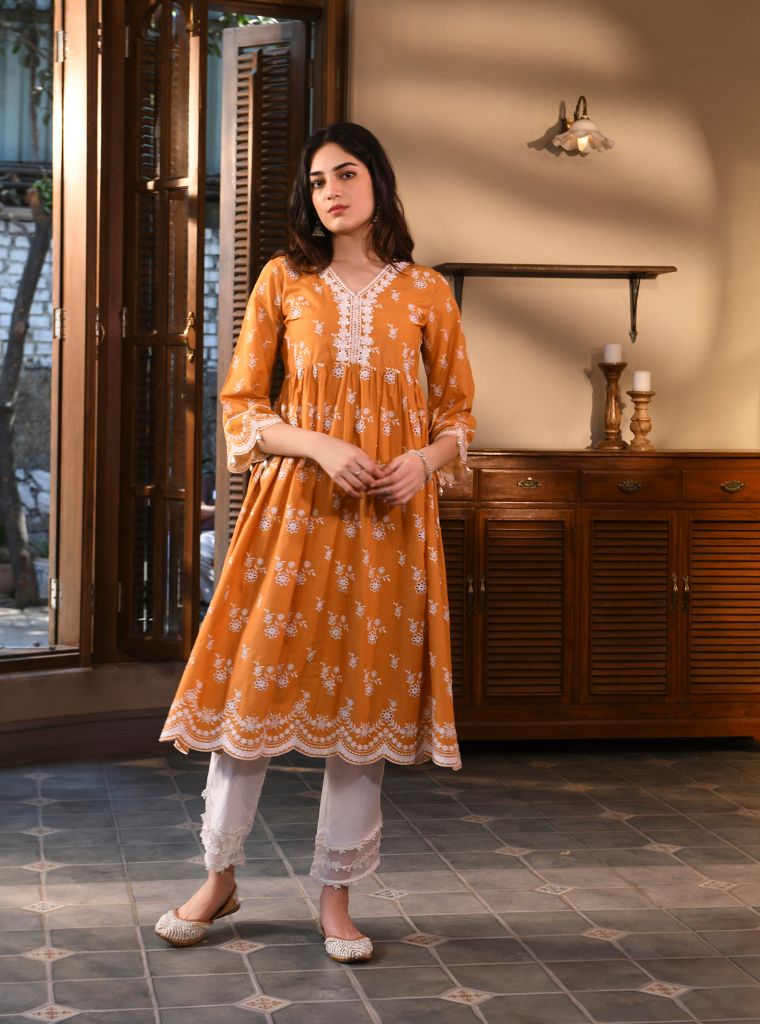 Afarin Anarkali Kurat with Round Hem Organza Panel Pants Orange