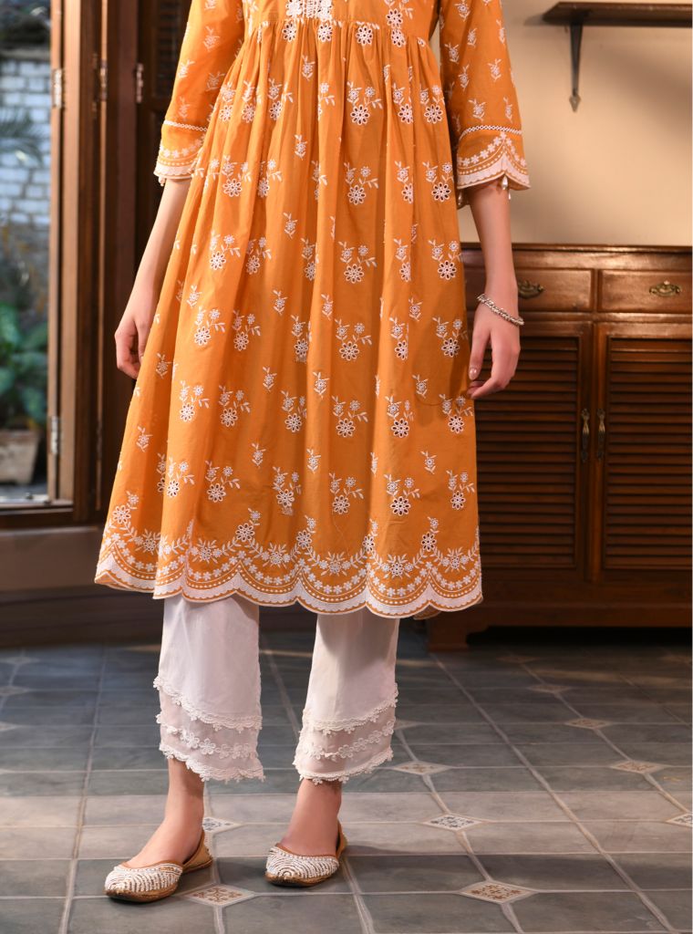 Afarin Anarkali Kurat with Round Hem Organza Panel Pants Orange