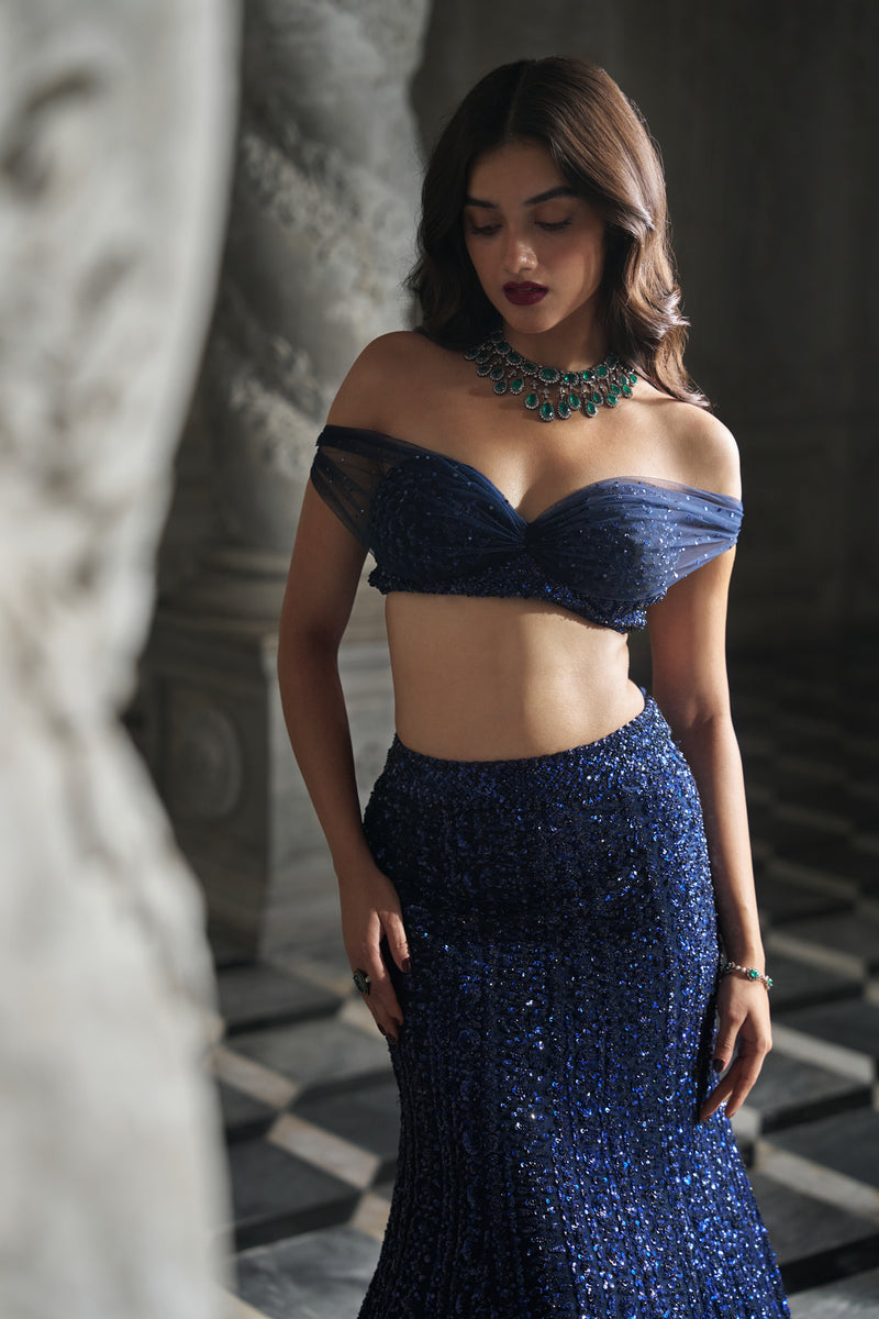 Navy Sequin Skirt Set by Seema Gujral - Lotus Bloom Canada