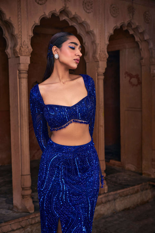 ELECTRIC BLUE EMBROIDERED CROP TOP SKIRT SET
