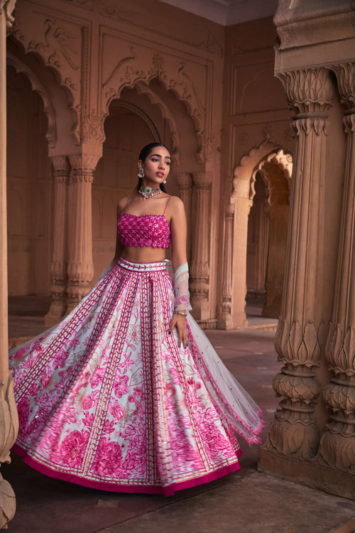 FUSCHIA FLORAL FRAME PRINT & EMBROIDERED LEHENGA SET