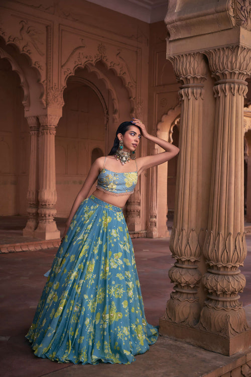 ICE B;LUE FLORAL PRINT & HIGHLIGHTED LEHENGA SET