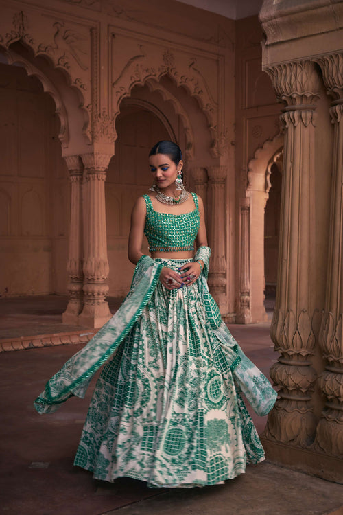 DARK GREEN THIKRI PRINT & HIGHLIGHTED LEHENGA SET