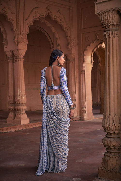 BLUE STRIPE PRINT & HIGHLIGHTED SAREE SET