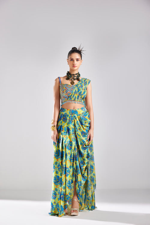 YELLOW DIAMOND EMBROIDERED CROP TOP WITH BLUE PRINTED DHOTI SKIRT