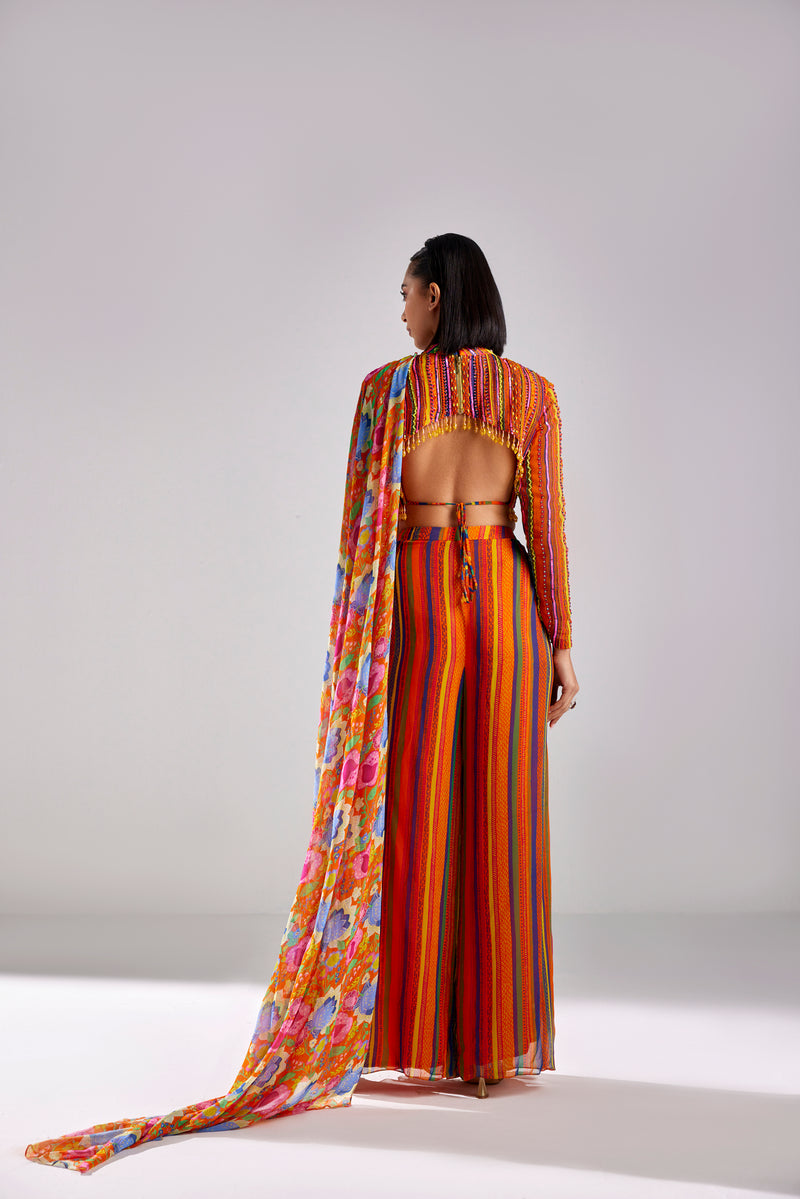 RUST STRIPE PRINT PANTS SAREE