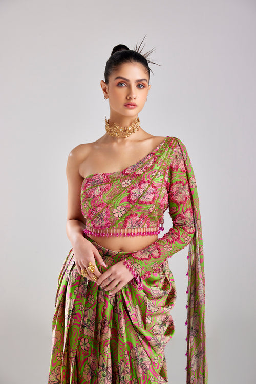 NEON GREEN ABSTRACT CROP TOP WITH PRINTED DHOTI SKIRT