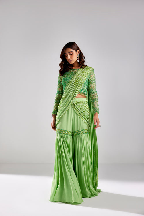 MINT GREEN FLORAL & GEOMETRIC COMBINED MIX DRAPE GHARARA SAREE