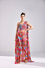 BLUE LEAF CROP TOP WITH RED FLORAL JAAL PRINTED DHOTI SKIRT