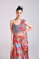 BLUE LEAF CROP TOP WITH RED FLORAL JAAL PRINTED DHOTI SKIRT