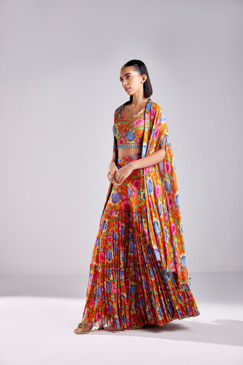 RUST FLORAL JAAL PRINT CROP TOP WITH PRINTED GHARARA PANTS AND CAPE