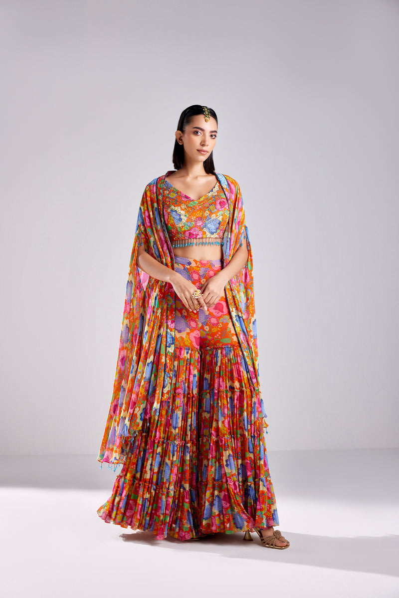 RUST FLORAL JAAL PRINT CROP TOP WITH PRINTED GHARARA PANTS AND CAPE