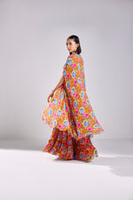 RUST FLORAL JAAL PRINT CROP TOP WITH PRINTED GHARARA PANTS AND CAPE