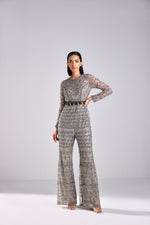 GREY FLORAL & GEOMETRIC COMBINED MIX JUMPSUIT WITH BELT